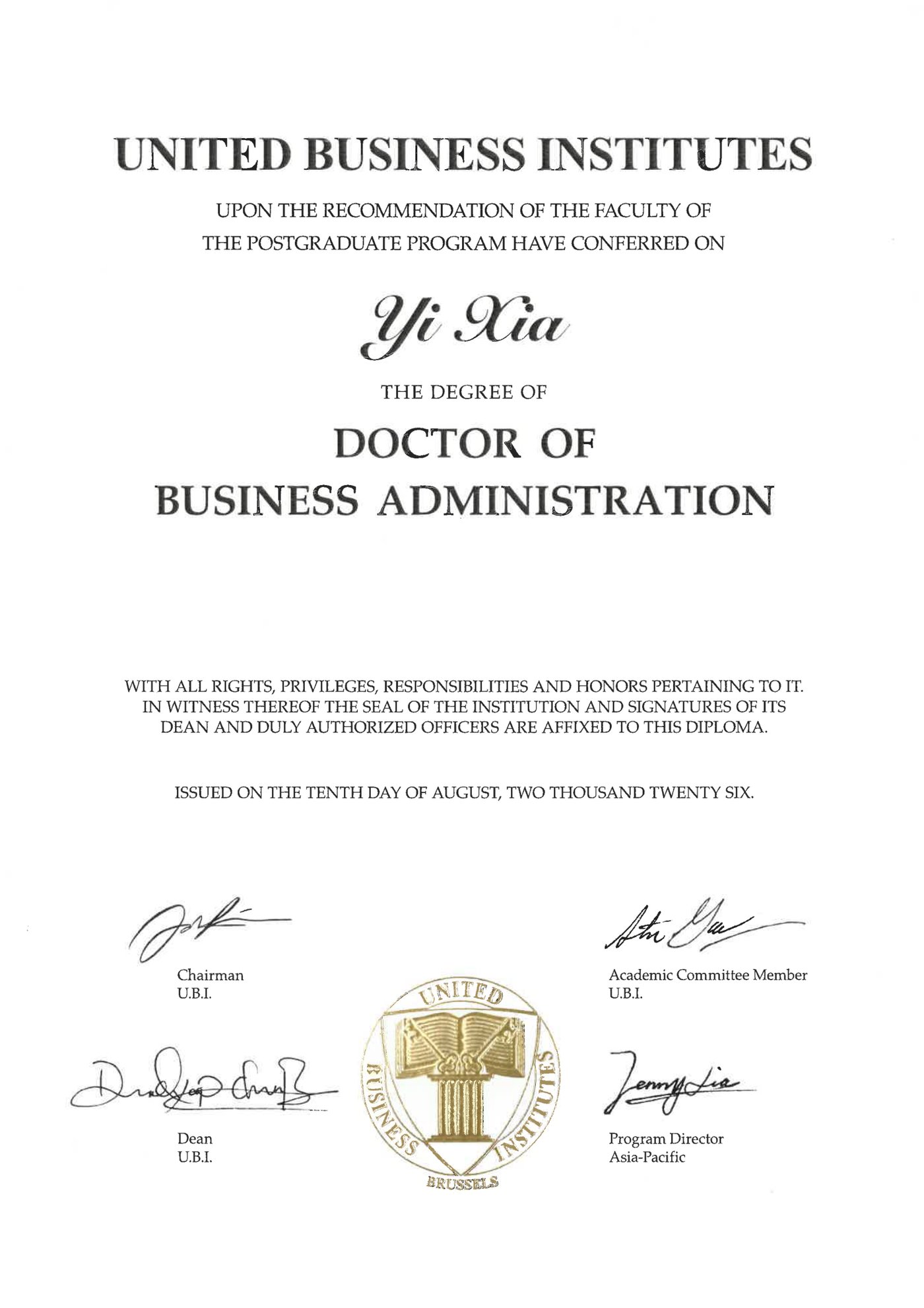 UBI DBA 学位证书